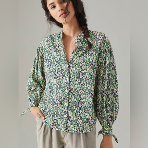 Anthropologie Maeve Ashleigh Top NWT Floral Button Down Bishop Tie Sleeve Wow! - Picture 4 of 16